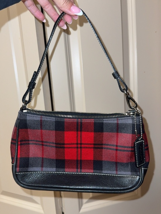 Coach Handbags - Coach Red and Gray Plaid Mini Shoulder Bag with Black Trim